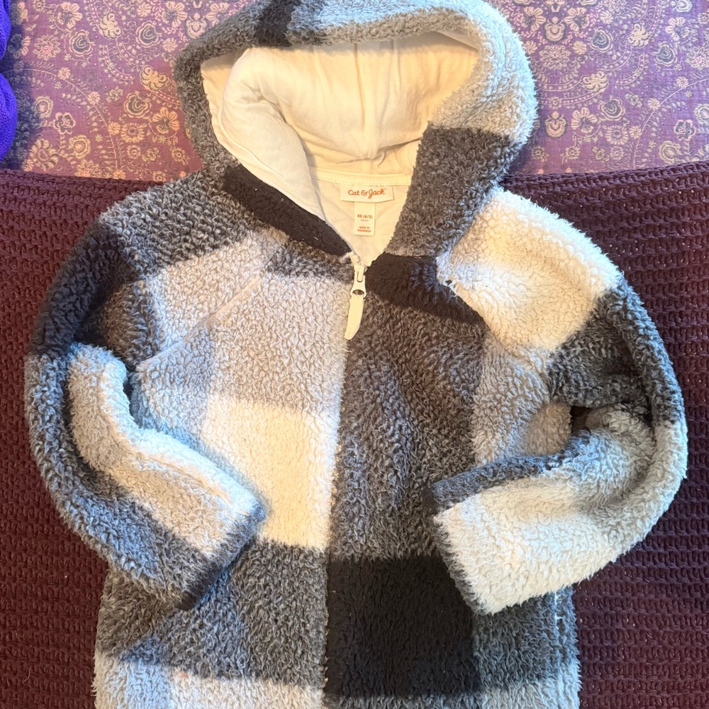 Cat & Jack Fuzzy Plaid Hoodie - Black, Gray, and White